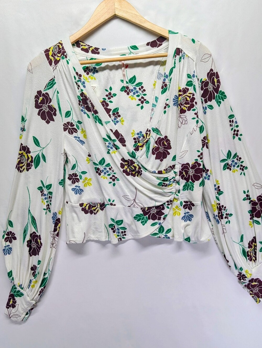 Free People White Floral Wrap Too with Green and Purple Print Very Soft & Stretc